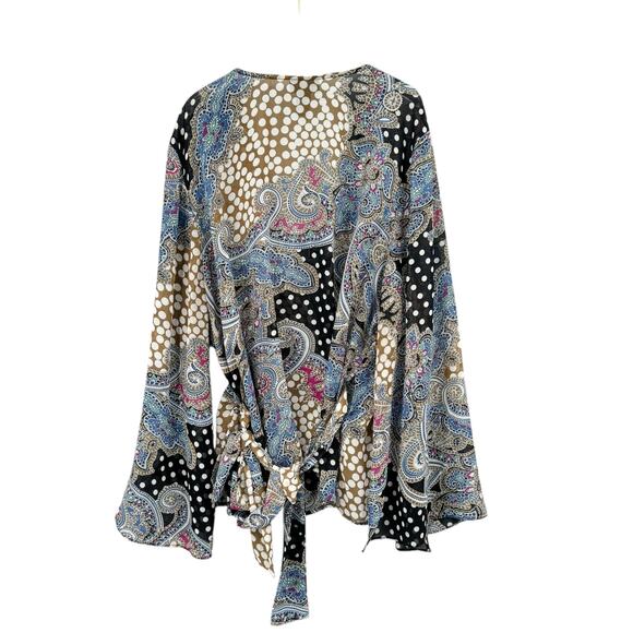 Lane Bryant Mixed Print Sheer Chiffon Long Split Bell Kimono Sleeve Wrap Blouse - Picture 2 of 8